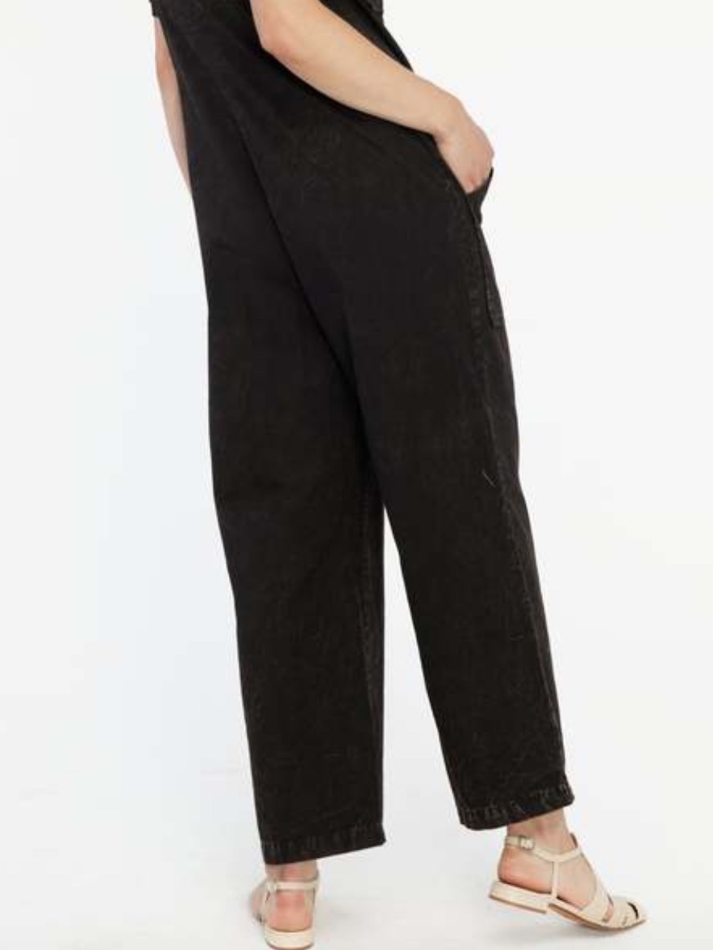 LACAUSA Black washed short sleeve front pockets XS cotton wide leg jumpsuit - Picture 2 of 11